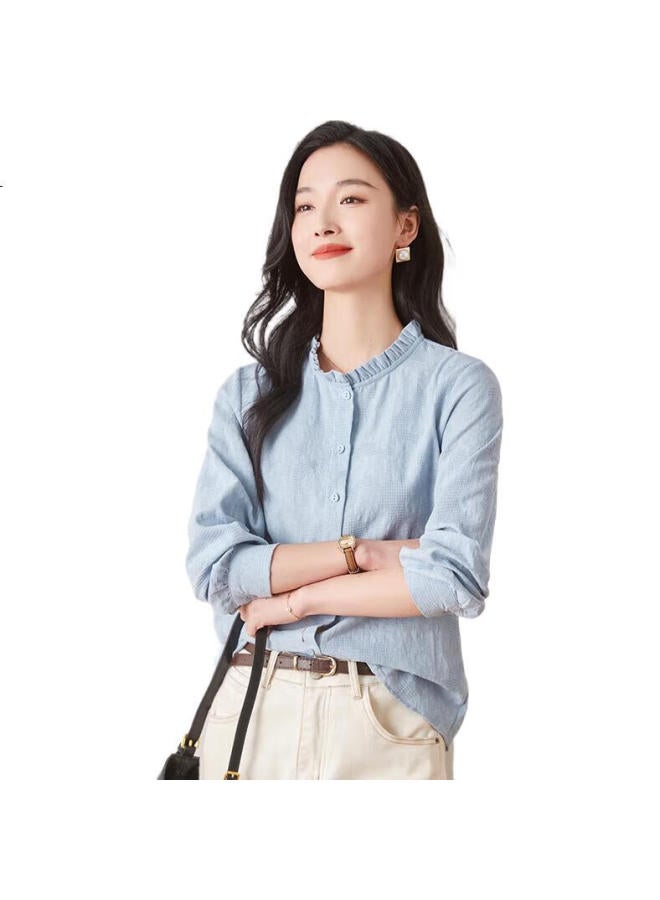 First Application Chushen Spring And Autumn Long Sleeve Shirt Women'S Elegant Small Pleated Stand Collar Jacquard Fabric Casual Shirt Top S141C2991 - Image 1