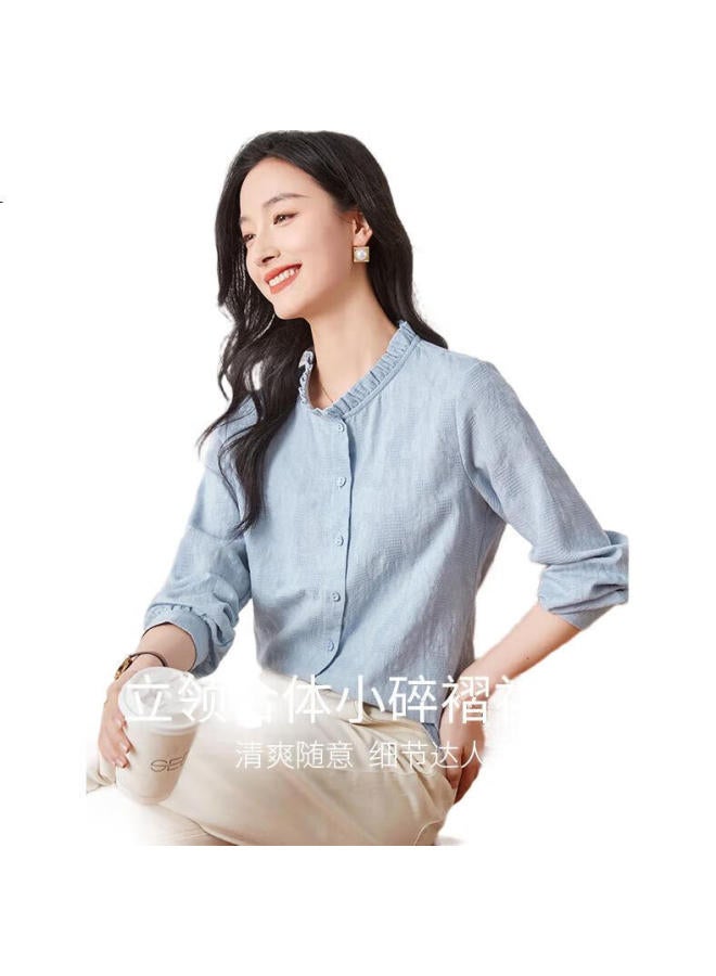 First Application Chushen Spring And Autumn Long Sleeve Shirt Women'S Elegant Small Pleated Stand Collar Jacquard Fabric Casual Shirt Top S141C2991 - Image 3