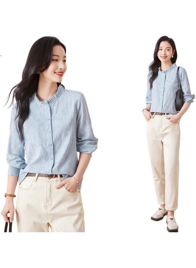First Application Chushen Spring And Autumn Long Sleeve Shirt Women'S Elegant Small Pleated Stand Collar Jacquard Fabric Casual Shirt Top S141C2991 - Image 2