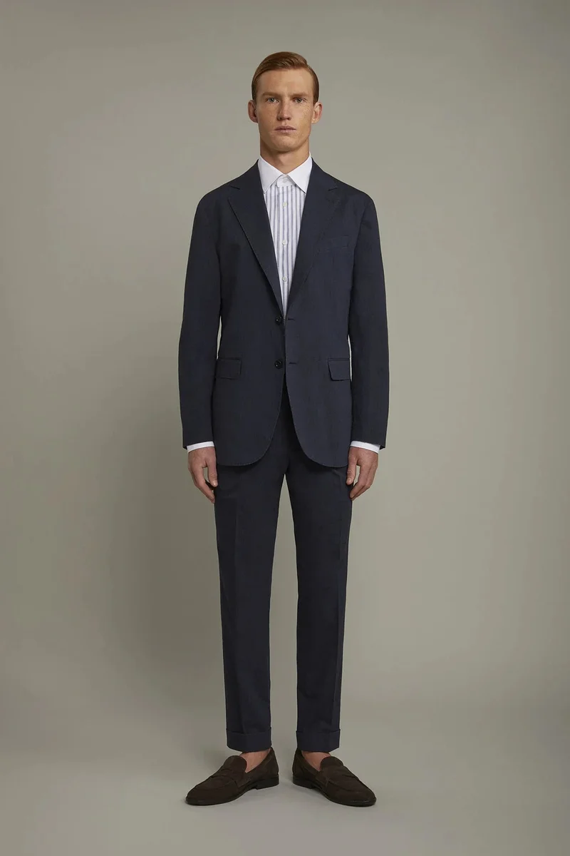 دوبل غانغر Men's classic trousers with double pleats in flamed effect fabric regular fit - DK Blue
