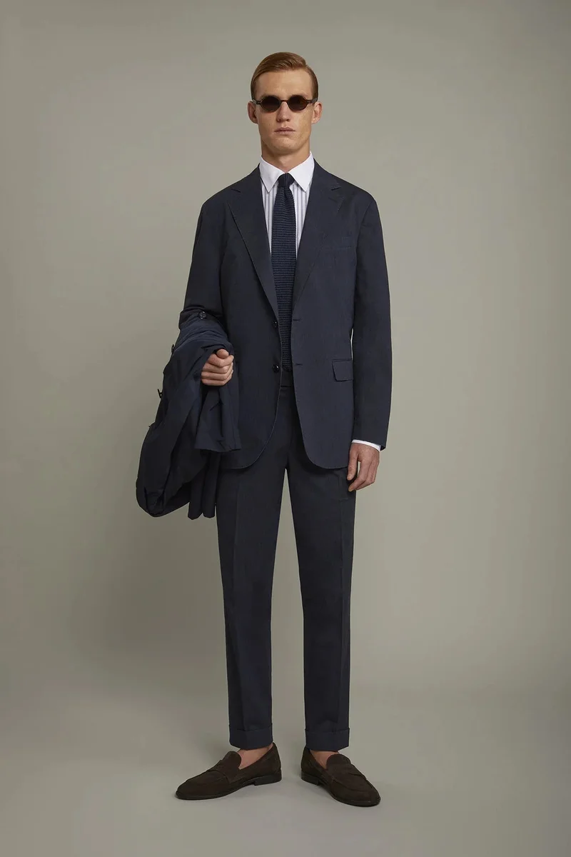 دوبل غانغر Men's classic trousers with double pleats in flamed effect fabric regular fit - DK Blue