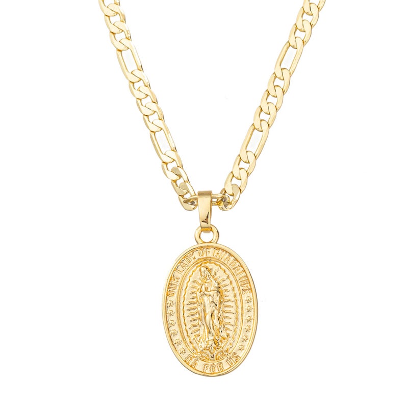 kelistom 14K Gold Plated Virgin Mary Guadalupe Pendant Necklace for Women Men 3mm Flat Figaro Chain Necklace 18/22 inches (length-22in, solid) - Image 1