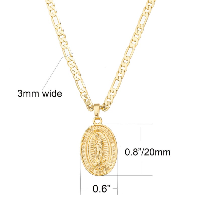 kelistom 14K Gold Plated Virgin Mary Guadalupe Pendant Necklace for Women Men 3mm Flat Figaro Chain Necklace 18/22 inches (length-22in, solid) - Image 2