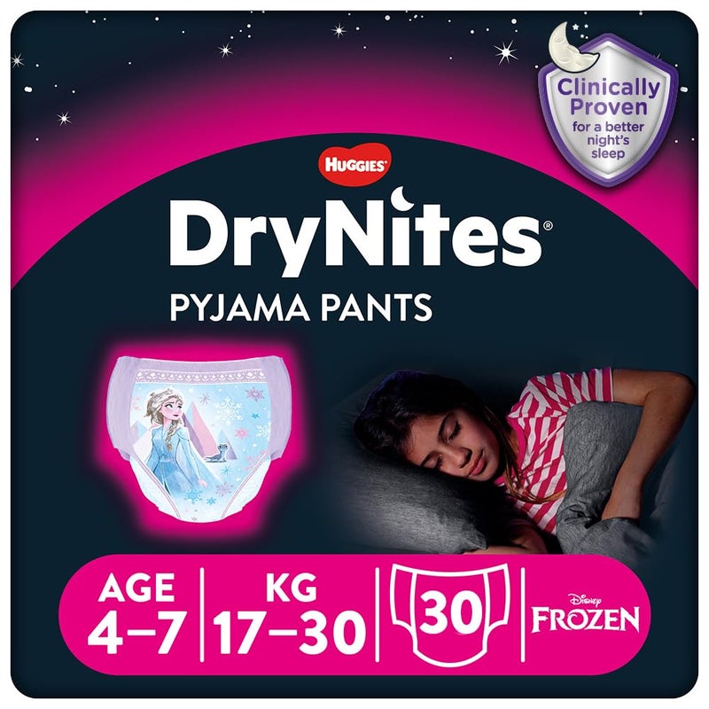 HUGGIES Huggies DryNites, Girls’ Pyjama Pants - Sizes 4-7 Years (30 Pants) - Unbeatable Night Time Protection with Discrete Protection and Fun Designs - Image 1