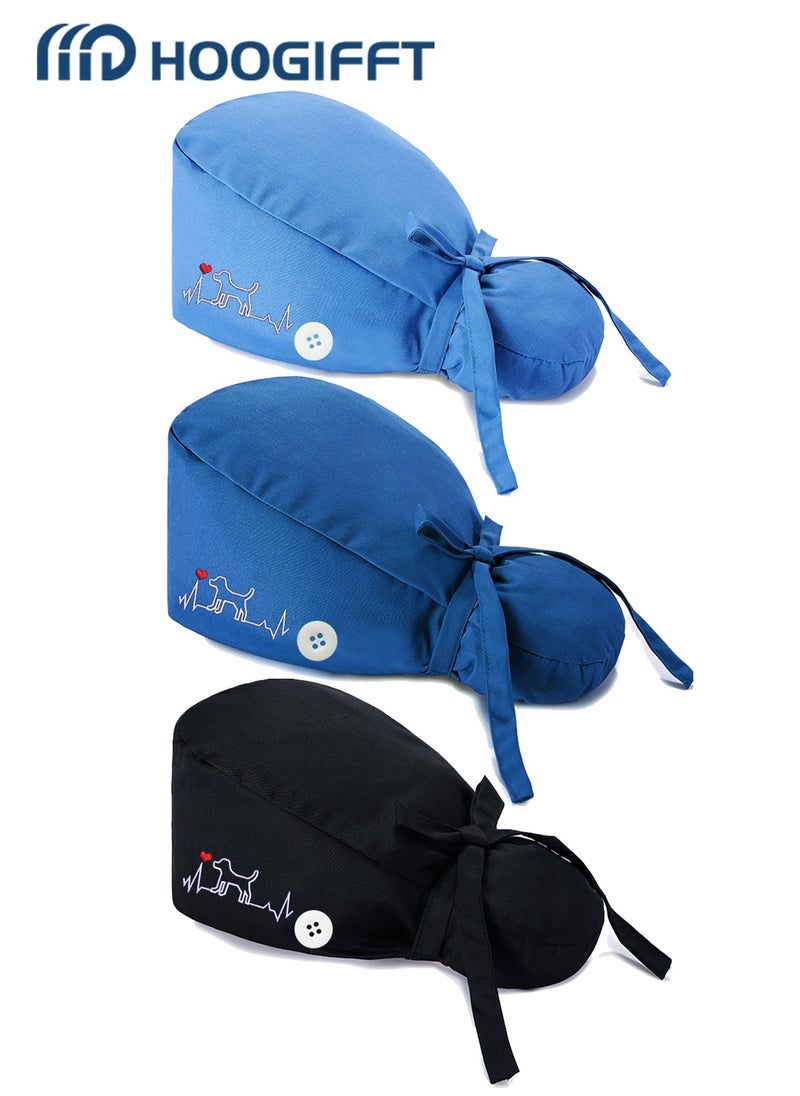HOOGIFFT Pack of 3 Surgical Caps for Female and Male, Cotton Nursing Cap, Working Cap,Adjustable Cotton Working Hats,Sweatband Cotton Ponytail Holder, Long Hair Head Covers Hair Caps,Nurse hat with buttons  - Image 1