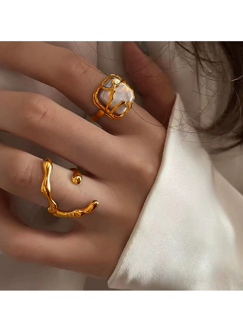 Goolsky 2-Piece Irregular Pearl Ring Set – Minimalist Adjustable Open Rings, Chic Asymmetrical Cold Style Jewelry - Image 1