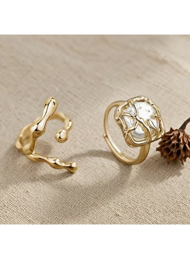 Goolsky 2-Piece Irregular Pearl Ring Set – Minimalist Adjustable Open Rings, Chic Asymmetrical Cold Style Jewelry - Image 4