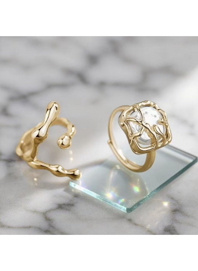 Goolsky 2-Piece Irregular Pearl Ring Set – Minimalist Adjustable Open Rings, Chic Asymmetrical Cold Style Jewelry - Image 3