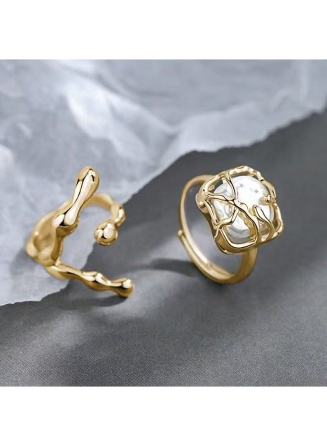 Goolsky 2-Piece Irregular Pearl Ring Set – Minimalist Adjustable Open Rings, Chic Asymmetrical Cold Style Jewelry - Image 2
