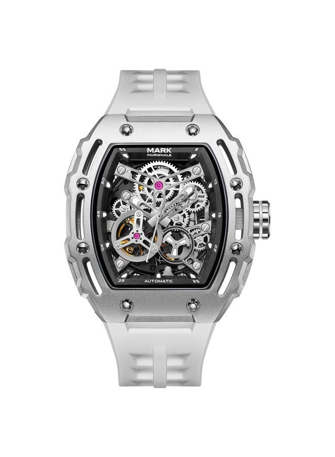 Mark Fairwhale Men's Barrel-Shaped Automatic Skeleton Watch - Silver Case, White Dial, White Strap - Image 1