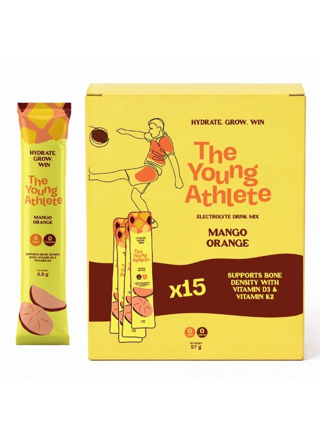 The Young Athlete Electrolyte Hydration Powder – Mango Orange – Sodium 252mg, Zero Sugar, Keto, 0 Calories, Gluten Free, Vitamin D3 & K2 for Bone Health – 3.8gx15 Sticks - Image 1