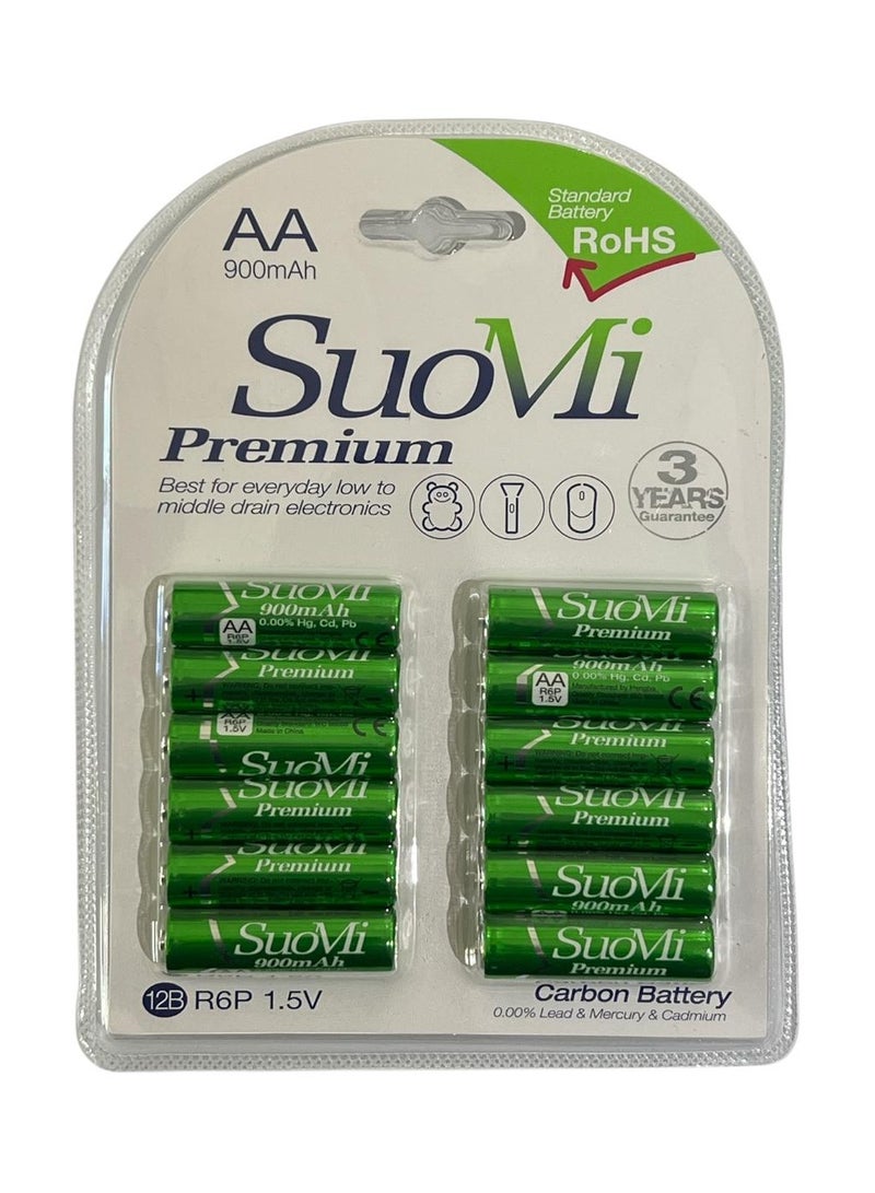Suomi عدد 12 بطارية كربون AA من SuoMi Premium، سعة 900 مللي أمبير، R6P، 1.5 فولت، خالية من التسرب، خالية من الرصاص والزئبق والكادميوم، معتمدة ISO 9001 و14001 وROHS