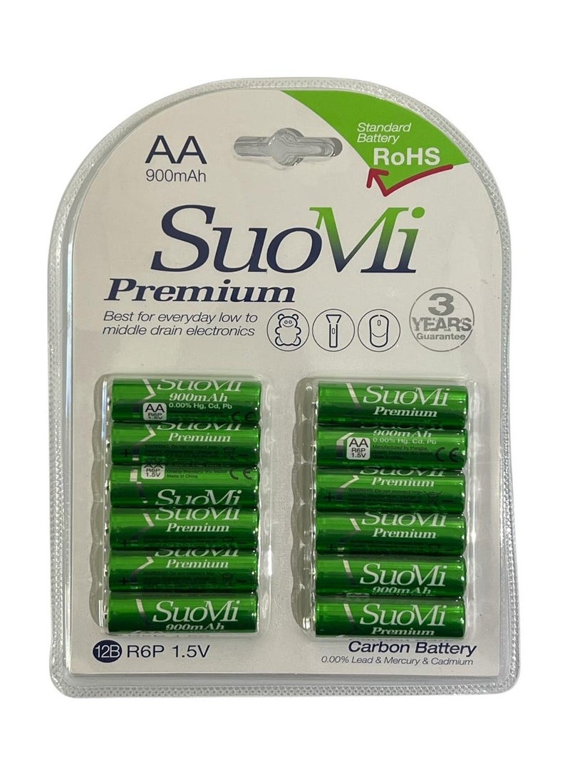 Suomi عدد 12 بطارية كربون AA من SuoMi Premium، سعة 900 مللي أمبير، R6P، 1.5 فولت، خالية من التسرب، خالية من الرصاص والزئبق والكادميوم، معتمدة ISO 9001 و14001 وROHS - Image 2