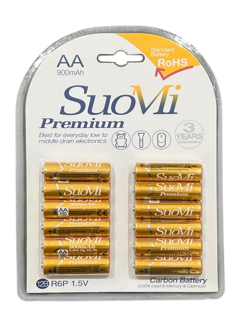 Suomi عدد 12 بطارية كربون AA من SuoMi Premium، سعة 900 مللي أمبير، R6P، 1.5 فولت، خالية من التسرب، خالية من الرصاص والزئبق والكادميوم، معتمدة ISO 9001 و14001 وROHS - Image 1