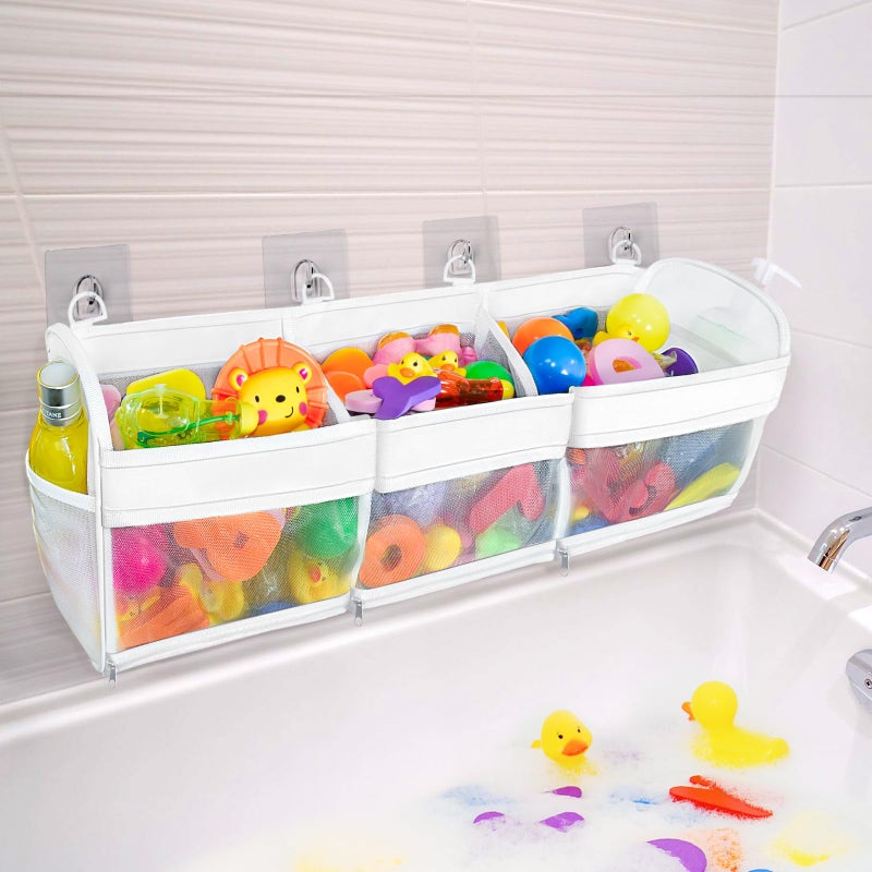 FliipFlaap Bath Toy Storage and Organizer â€“ 3-Compartment Hanging Bathtub Toy Holder with Bottom Zipper, Quick-Drying Mesh Bag, Ideal Bath Toy Holder for Easy Access and Sorting of Toys - Image 1