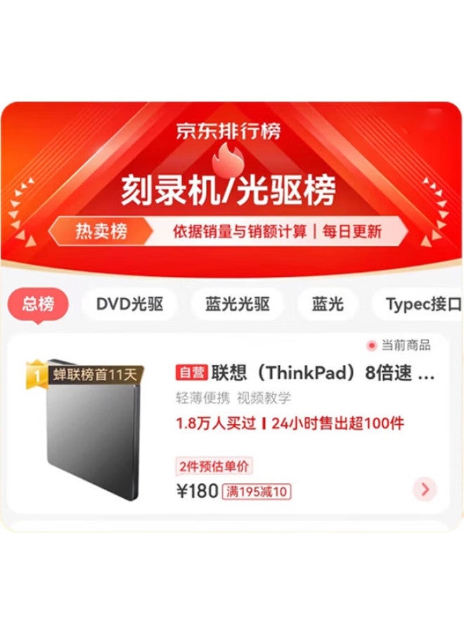 Thinkpad Lenovo 8X External Usb Optical Drive, Dvd Burner, Laptop External Cd Player, Desktop Portable Optical Drive, External Optical Drive For Computer, Tx800 - Image 1