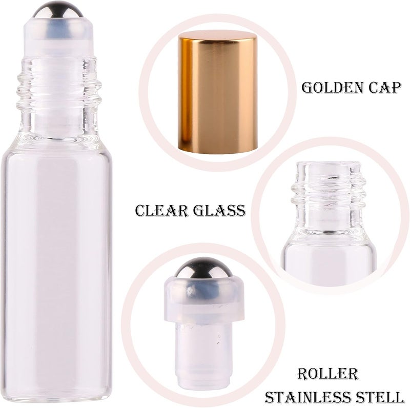 MAXMAU Roller Bottles for Essential Oils, 24pcs 5ml Roll on Bottle Clear Glass Sample Test Refillable with Opener Funnel Dropper Golden Cap For Home Travel - Image 5