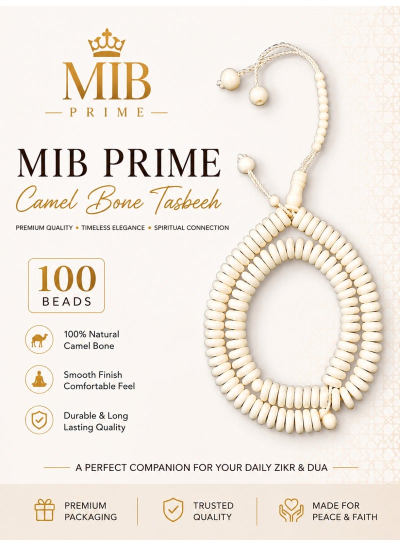 MIB Prime Premium Camel bone White Slim Cut Bead Tasbih Prayer Beads 100 Elegant Islamic Misbaha with Smooth Round Beads & Adjustable Cord - Image 1