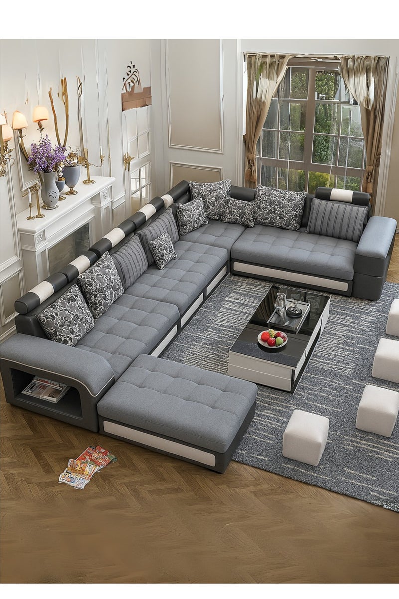 KARNAK Luxury U-Shape Velvet Fabric Modular Sofa Set with Ottoman & Stools – 6 to 8 Seater, Grey & White, Premium Cushions, Side Storage & Sturdy Wooden Frame – Modern Living Room Furniture - Image 1