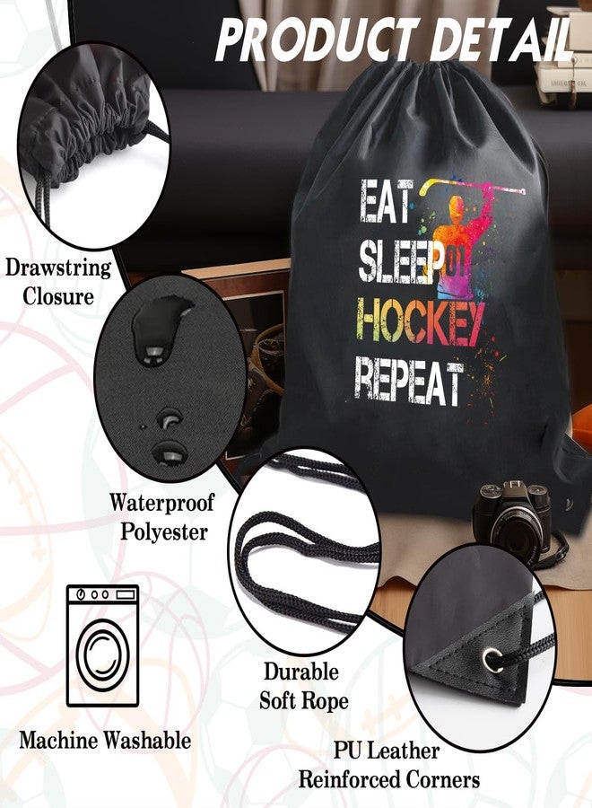 rofiowa Eat Sleep Hockey Repeat Drawstring Backpack For Men Women, Waterproof Sport Sackpack For Hockey Lover Hockey Fan, Funny Birthday Christmas String Gym Bag Gifts For Her Him - Image 3