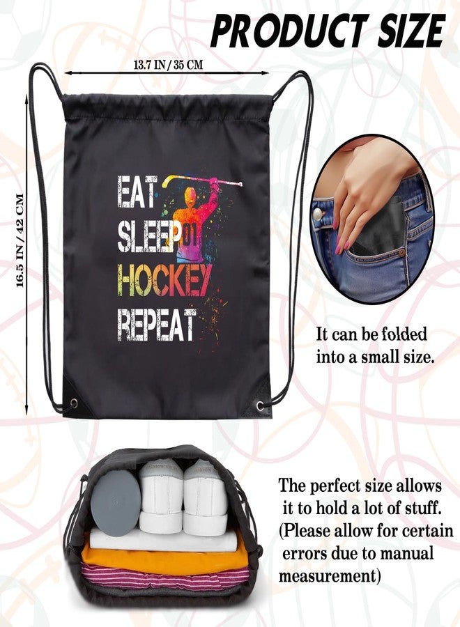 rofiowa Eat Sleep Hockey Repeat Drawstring Backpack For Men Women, Waterproof Sport Sackpack For Hockey Lover Hockey Fan, Funny Birthday Christmas String Gym Bag Gifts For Her Him - Image 2