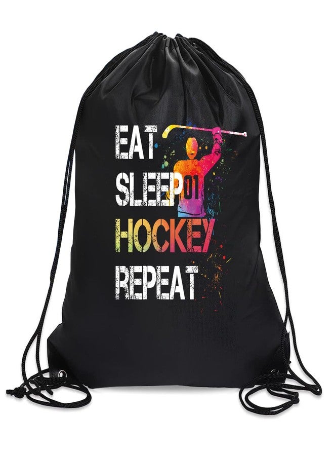 rofiowa Eat Sleep Hockey Repeat Drawstring Backpack For Men Women, Waterproof Sport Sackpack For Hockey Lover Hockey Fan, Funny Birthday Christmas String Gym Bag Gifts For Her Him - Image 1