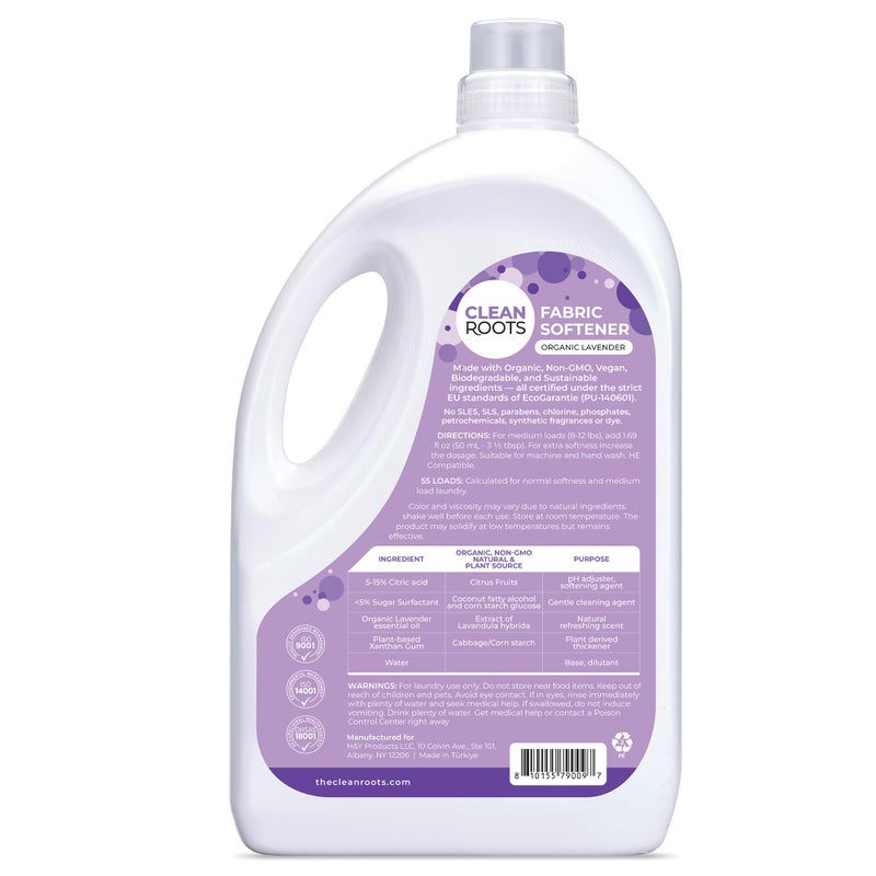 CLEAN ROOTS Fabric Softener - EcoGarantie Certified, 100% Plant-Based Formula, Made with Organic Ingredients, Scented with Organic Lavender Essential Oil - 55 Loads, 92.9 fl oz (2.75 L) - Image 2