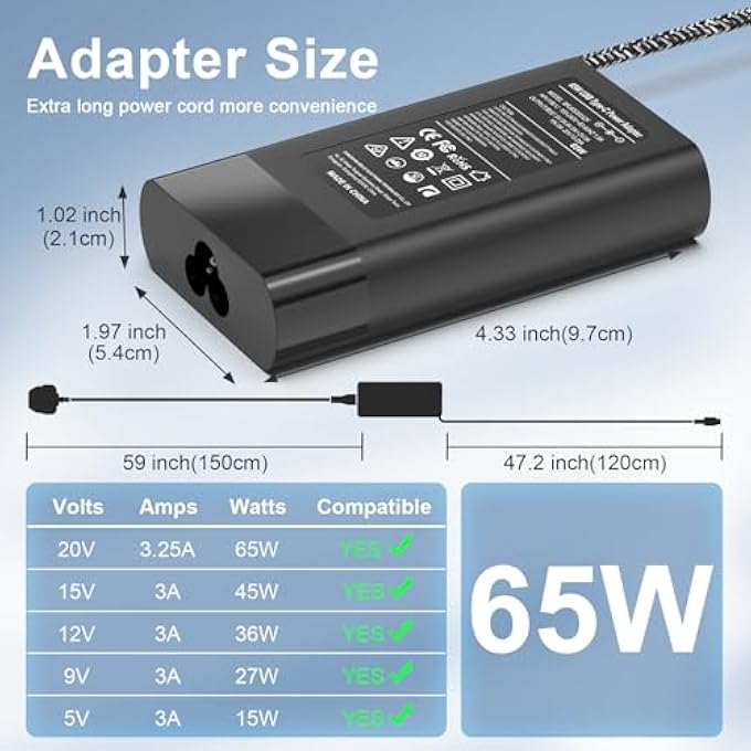 rayihni NEW SLIM 65W USB C LAPTOP CHARGER COMPATIBLE WITH HP ELITEBOOK 840 G5 CHROMEBOOK PROBOOK ELITE X2 ENVY SPECTRE X360 LENOVO DELL ASUS MSI HUAWEI SAMSUNG TYPE C POWER ADAPTER - Image 3