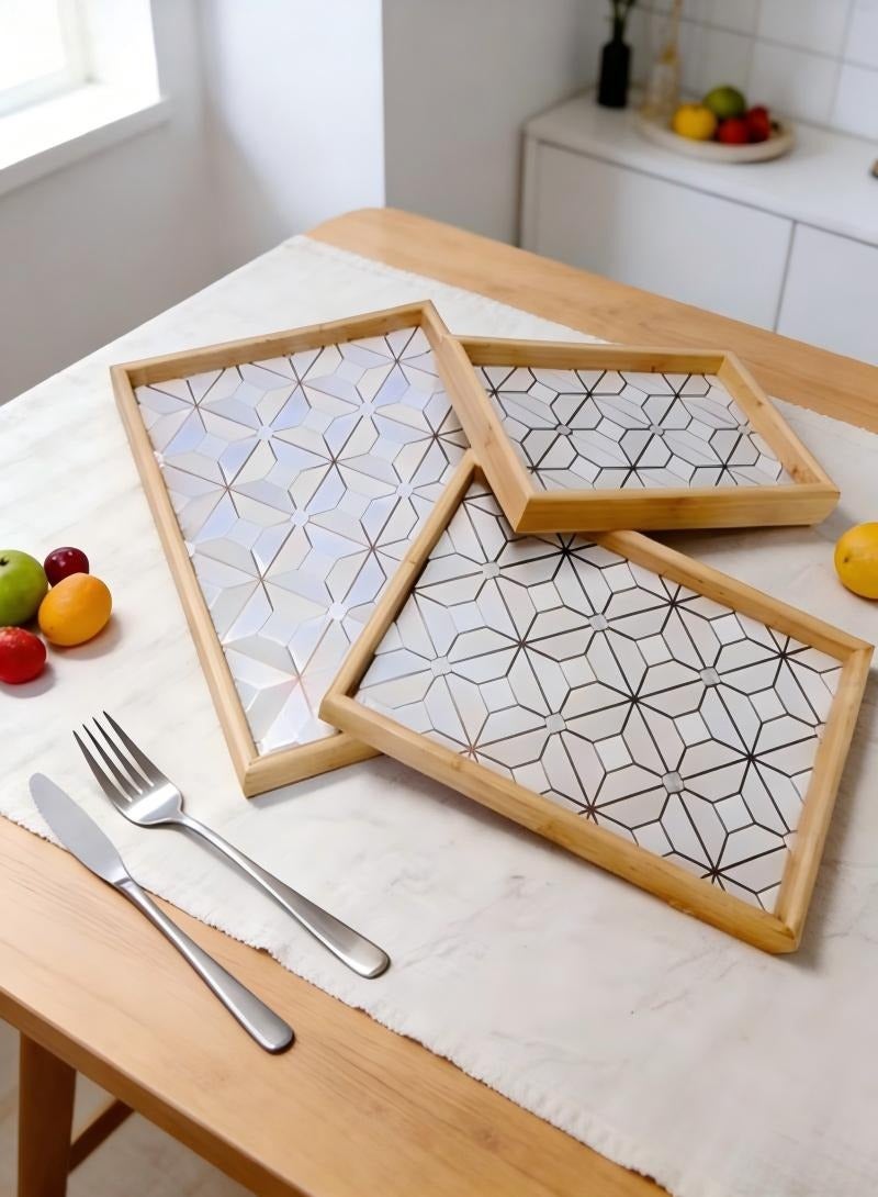 طقم صينية تقديم مستطيلة بأحجام مختلفة من 3 قطع، صواني زخرفية، صينية تقديم سرير الإفطار بنمط هندسي، صينية تقديم مزخرفة لطاولة القهوة والشاي والوجبات الخفيفة وأدوات المائدة، مثالية للعائلات والحفلات والفنادق والمطاعم وأفضل هدية رمضان - Image 1