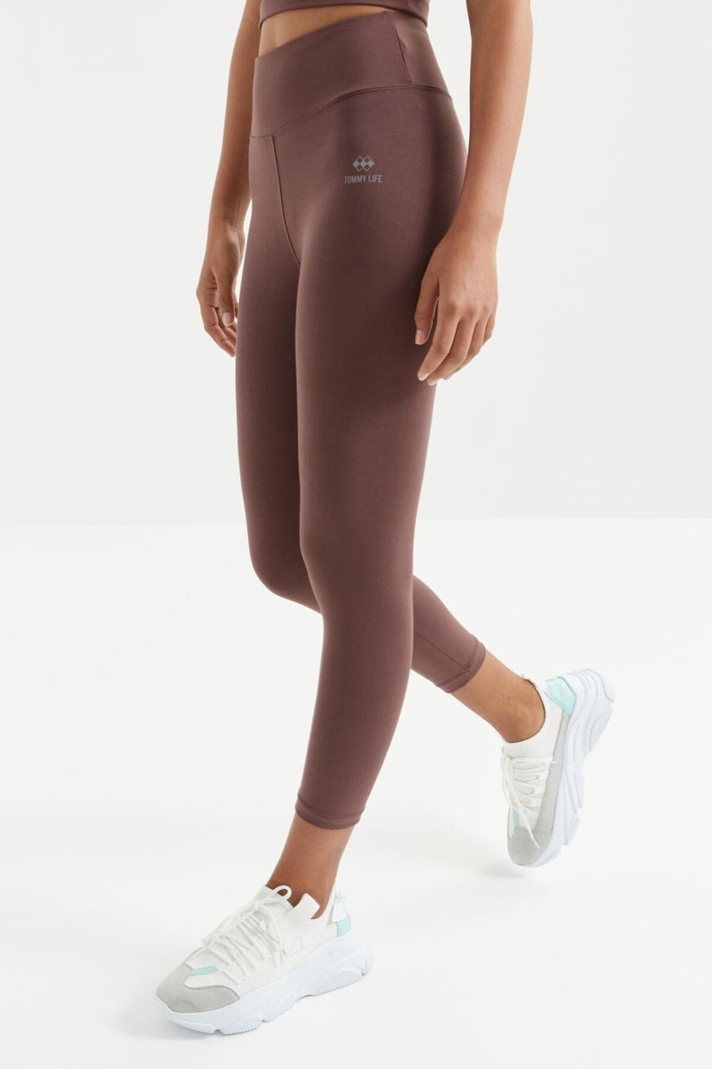 Tommy Life Brown High Waist Capri-Crop T-Shirt Slim Fit Women's Leggings Set - 95285  - Image 4