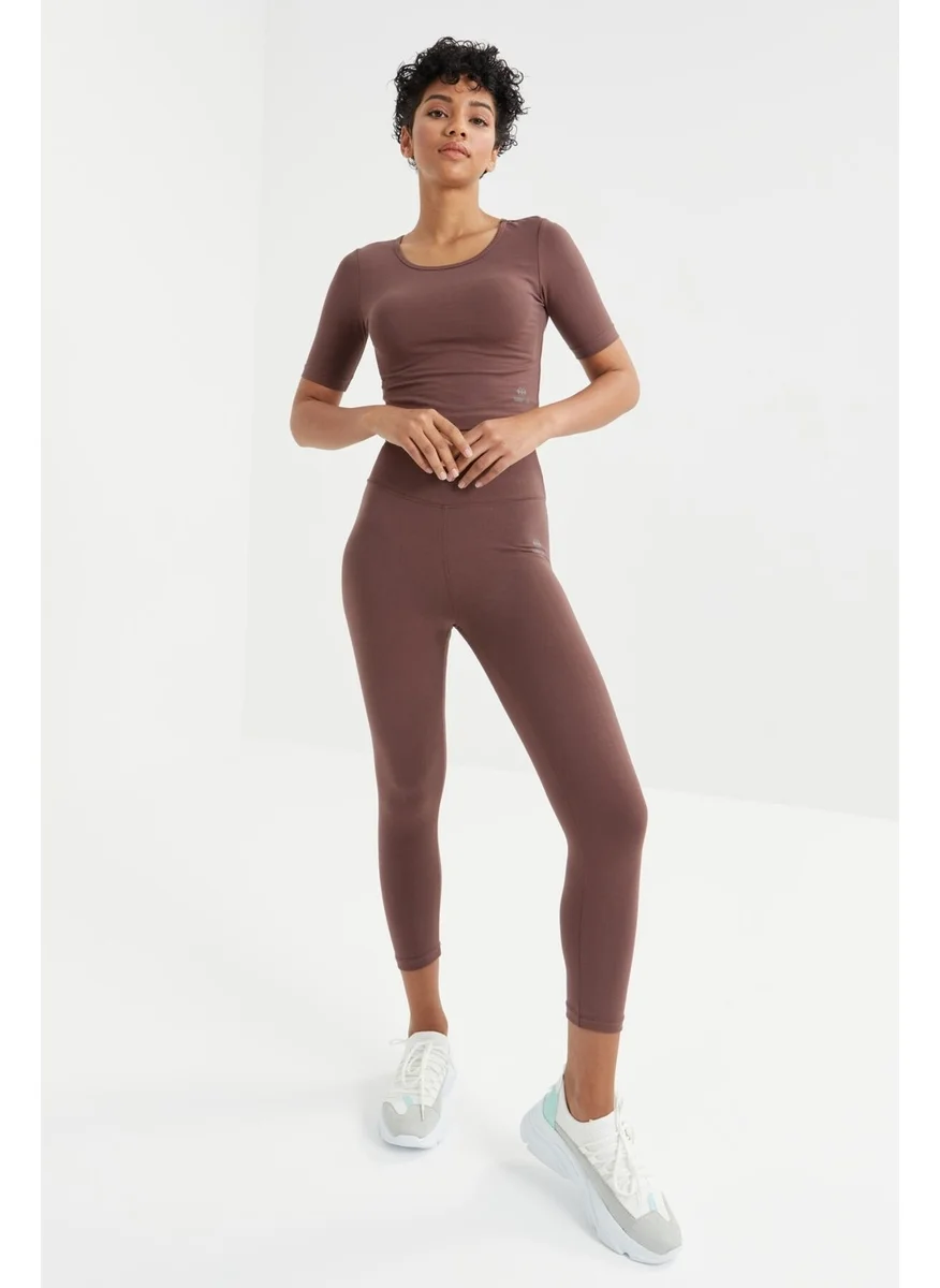Tommy Life Brown High Waist Capri-Crop T-Shirt Slim Fit Women's Leggings Set - 95285
