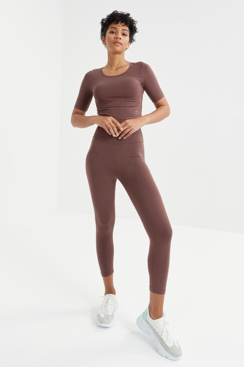Tommy Life Brown High Waist Capri-Crop T-Shirt Slim Fit Women's Leggings Set - 95285  - Image 1