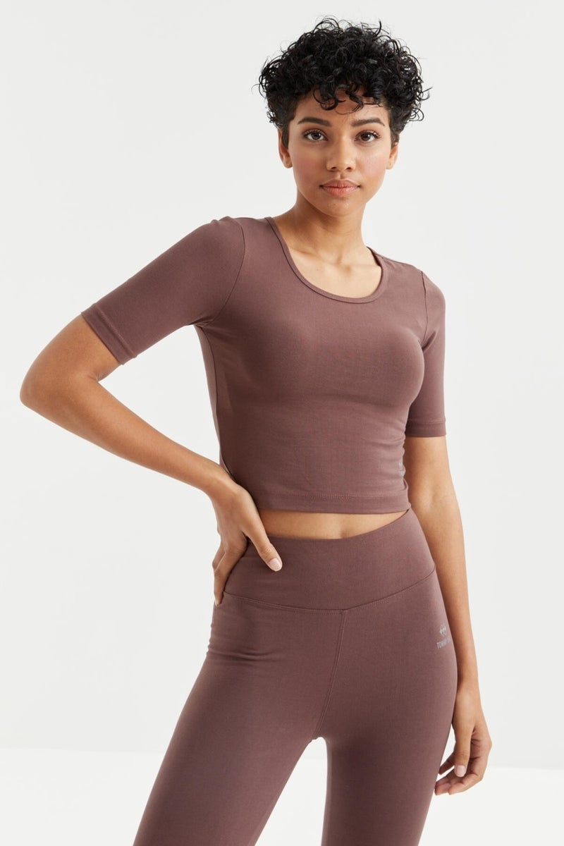 Tommy Life Brown High Waist Capri-Crop T-Shirt Slim Fit Women's Leggings Set - 95285  - Image 2