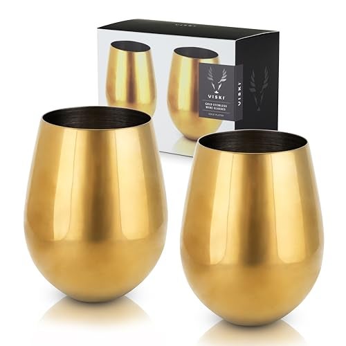 Viski Stemless Wine Glasses Sleek Stainless Steel Wine Tumblers Perfect Anniversary and Wedding Gifts Cocktail Party Elegant Drinkware Home Bar Accessories 18 oz Set of 2 Gold