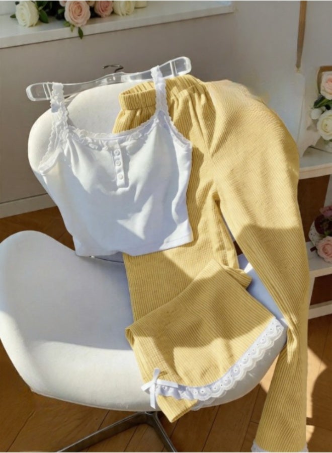 طقم بيجامة حريمي قطن صيفي - توب وبنطلون واسع (Wide Leg) - تصميم عصري ومريح - Image 2