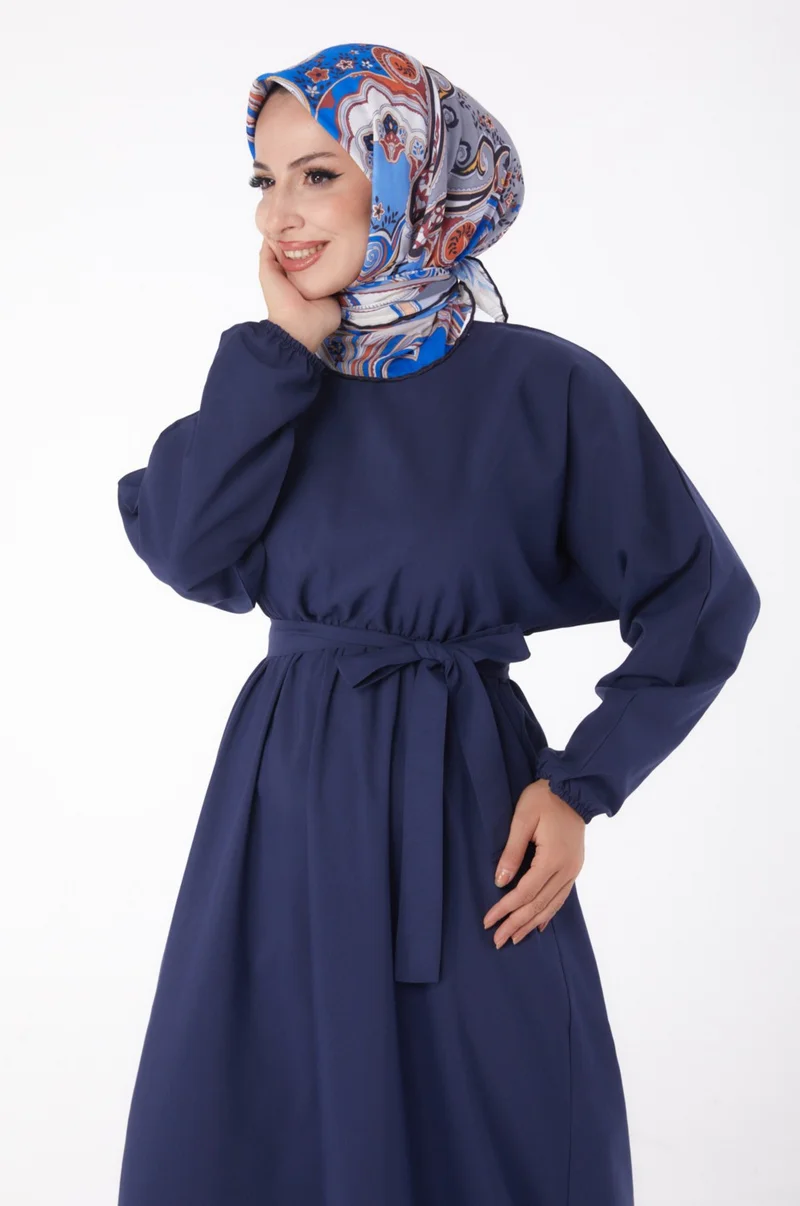 Tofisa Plain Crew Neck Women's Navy Blue Dress - 13221