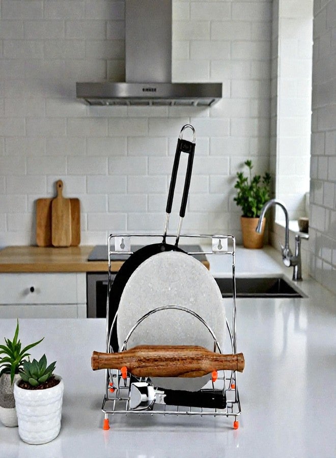 Standify® Rolling Pin_P Stainless Steel Rolling Pin & Tawa Holder Stand Heavy Duty Chapati Belan Stand with Tawa Organizer Rust-Free Kitchen Counter & Wall Mount Storage Rack. - Image 1