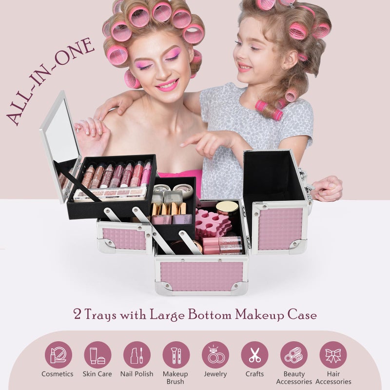 Joligrace Makeup Train Case Portable Cosmetic Box Jewelry Organizer Lockable with Keys and Mirror 2-Tier Trays for Makeup Artists Craft Nail Kits Sewing Box Traveling Makeup Storage Case Pink - Image 2