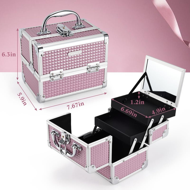 Joligrace Makeup Train Case Portable Cosmetic Box Jewelry Organizer Lockable with Keys and Mirror 2-Tier Trays for Makeup Artists Craft Nail Kits Sewing Box Traveling Makeup Storage Case Pink - Image 5