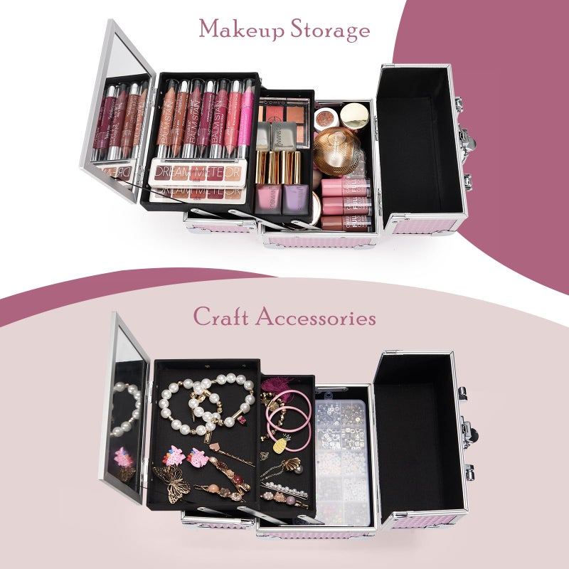 Joligrace Makeup Train Case Portable Cosmetic Box Jewelry Organizer Lockable with Keys and Mirror 2-Tier Trays for Makeup Artists Craft Nail Kits Sewing Box Traveling Makeup Storage Case Pink - Image 3