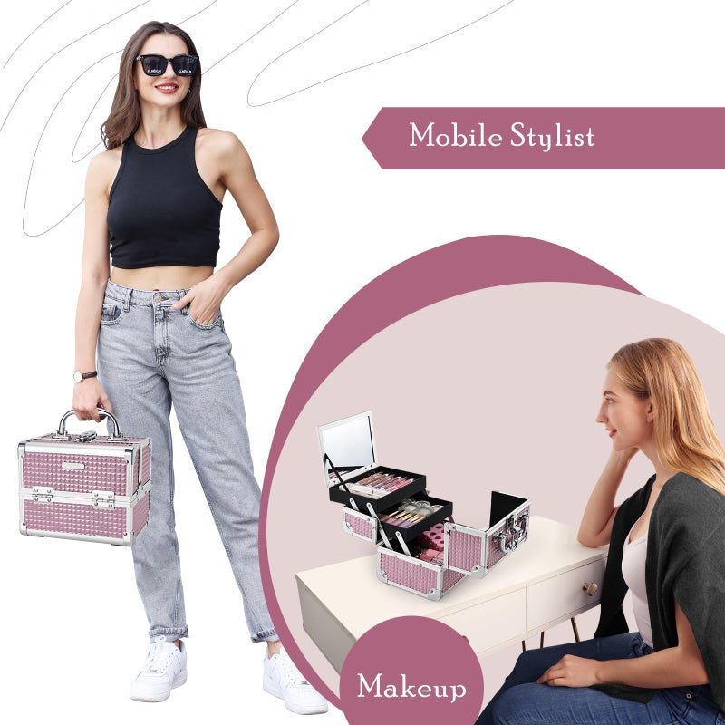 Joligrace Makeup Train Case Portable Cosmetic Box Jewelry Organizer Lockable with Keys and Mirror 2-Tier Trays for Makeup Artists Craft Nail Kits Sewing Box Traveling Makeup Storage Case Pink - Image 4