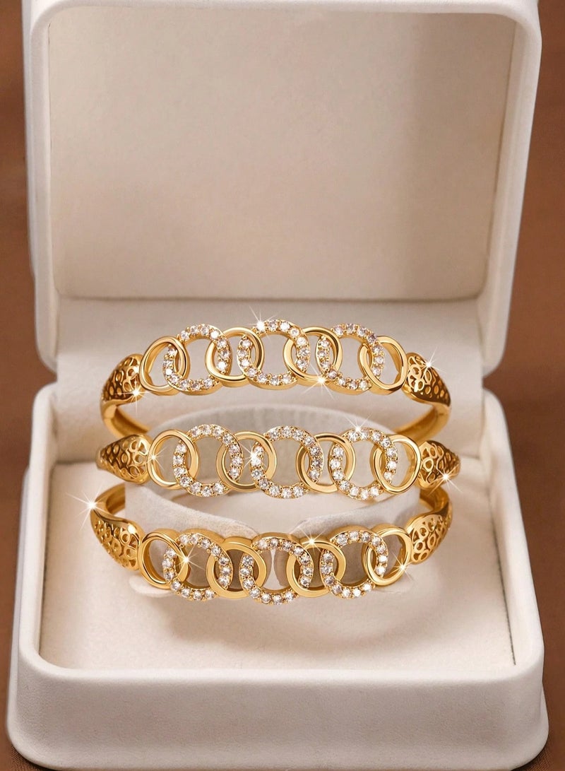 Women's Bracelets – Set of 3 A set of 3 gold-plated women's bracelets adorned with sparkling zirconia stones in a circular design. Perfect for weddings, engagements, graduation gifts, Mother’s Day, Valentine’s Day, and all special occasions.  - Image 2