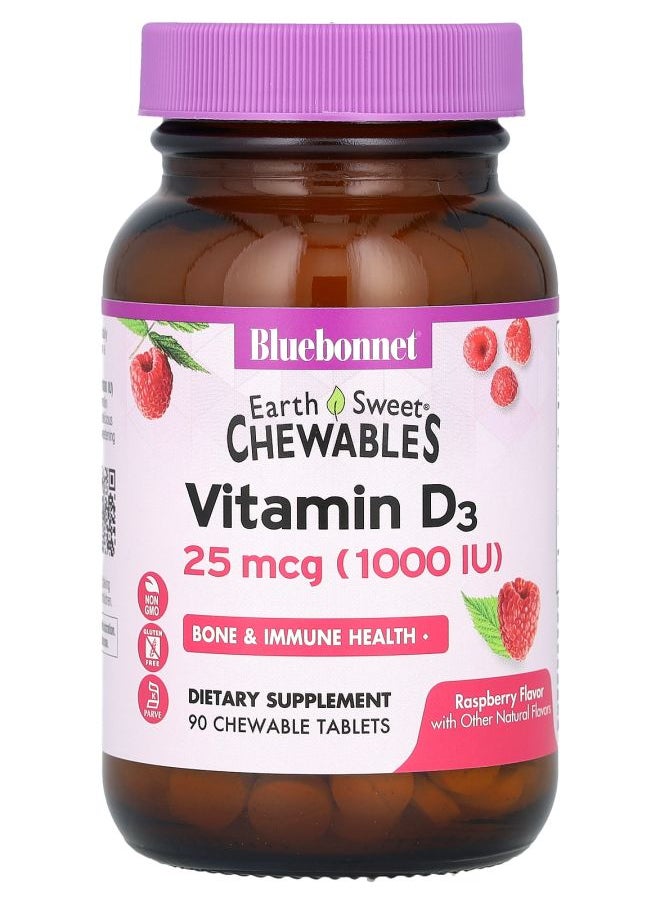 Bluebonnet Nutrition Earth Sweet Chewables Vitamin D3 Raspberry 25 mcg (1000 IU) 90 Chewable Tablets  - Image 1