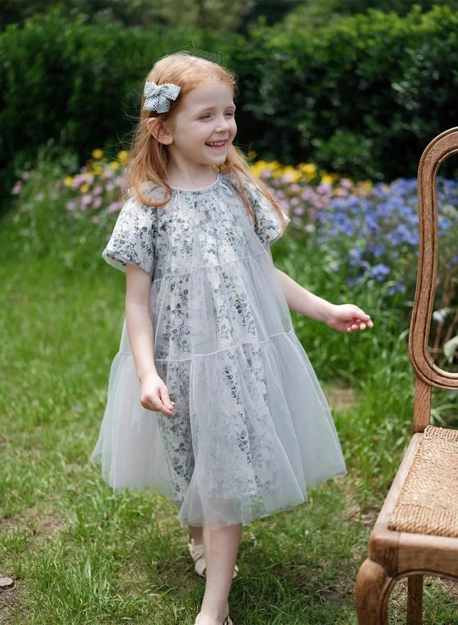 Take Two Girls Floral Print Mesh Puff Sleeve Dress