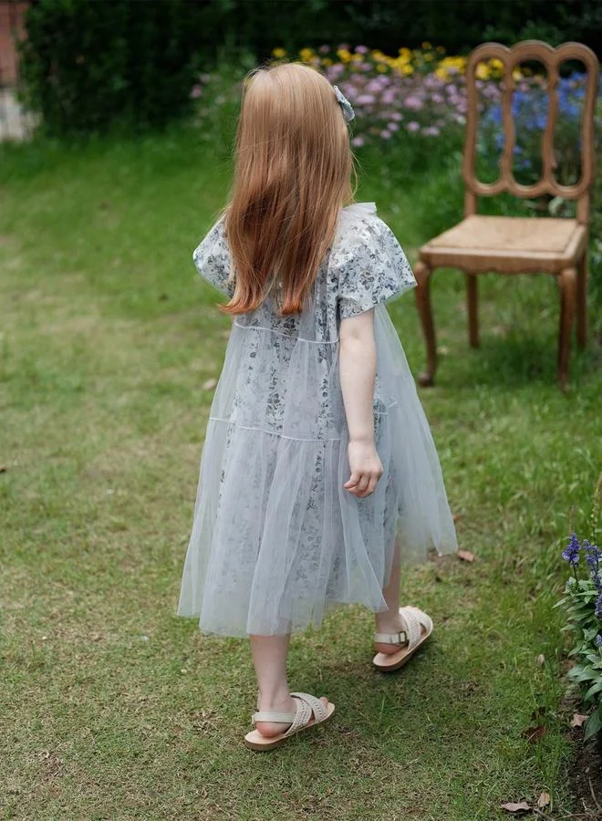 Take Two Girls Floral Print Mesh Puff Sleeve Dress