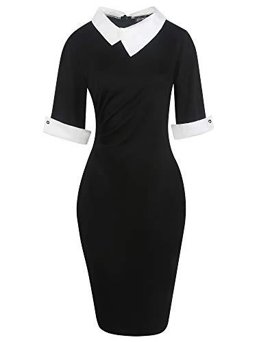oxiuly Women's Vintage Formal Office Work Dresses Casual Knee-Length Bodycon Pencil Midi Dress OX276 (M, Black Solid) - Image 3
