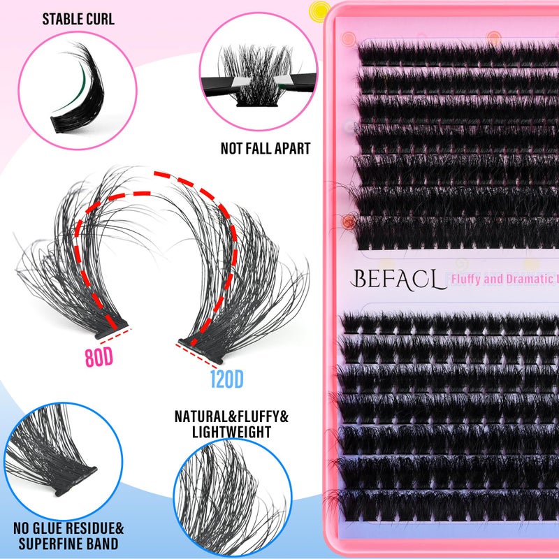 BEFACL Lash Clusters Fluffy Individual Lashes 80D+120D Thick Eyelash Clusters D Curly Wispy Eyelash Extensions 10-22mm Eyelashes Cluster 252pcs False Eyelashes DIY SinuVelv Lash Extension by Befacl - Image 4