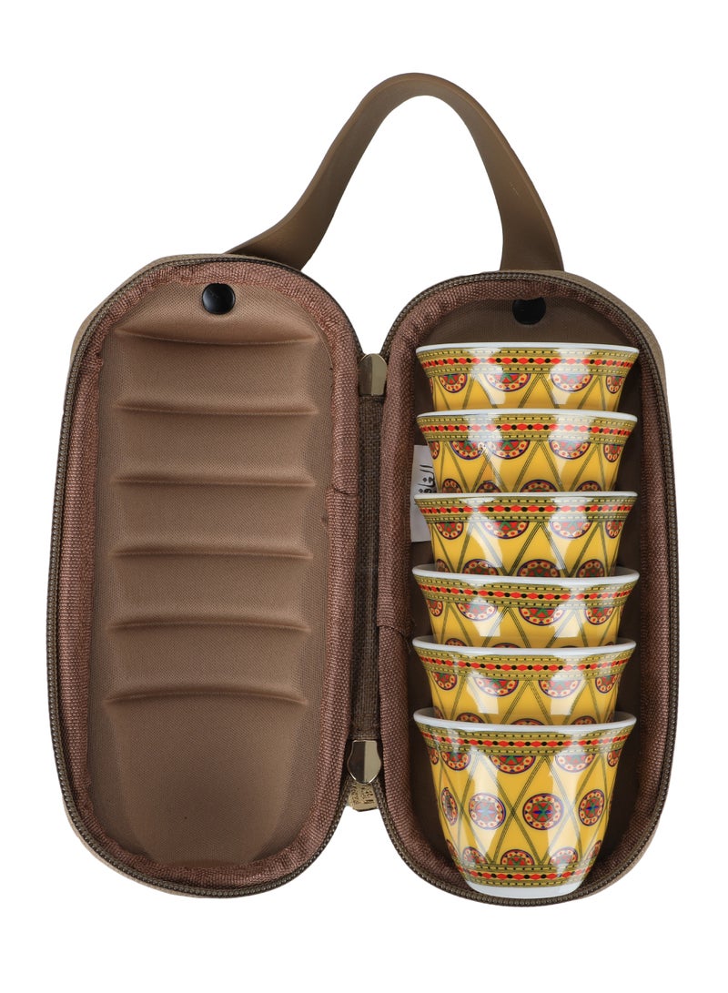 ALGHAFA Al-Ghafa bag of 6 coffee cups, Najdi engraving, yellow, 80 ml, wooden  - Image 1