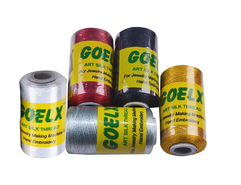 GOELX Silk Thread Spools for Wrapping Shiny Bright 5 Colours  Gold Deep RedSilverWhite and Black