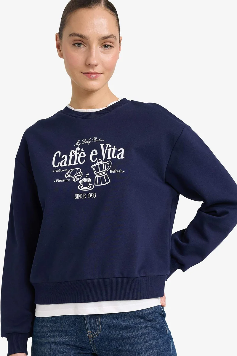 ديفاكتو Relax Fit Printed Polo Neck Thick Sweatshirt